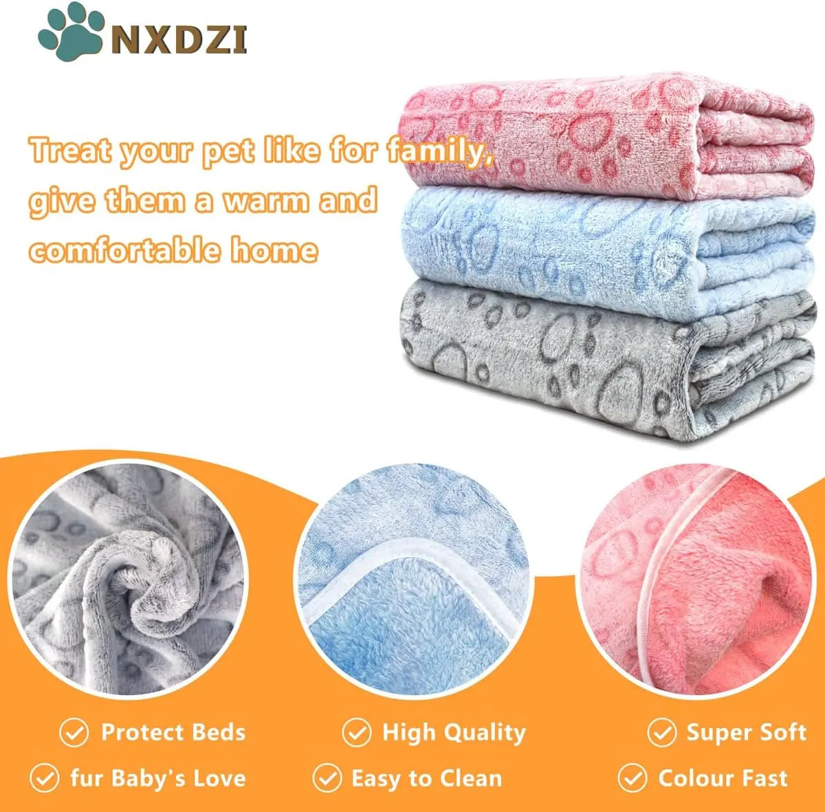 Washable Pet Blankets 3-Pack, Soft Fleece Crate & Bed Covers 41” x 31”