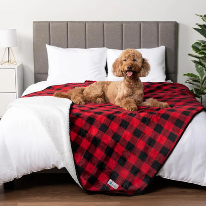 Waterproof Dog Blanket – Reversible Fleece, Washable Couch Protector Checkered Red Queen (90X90)