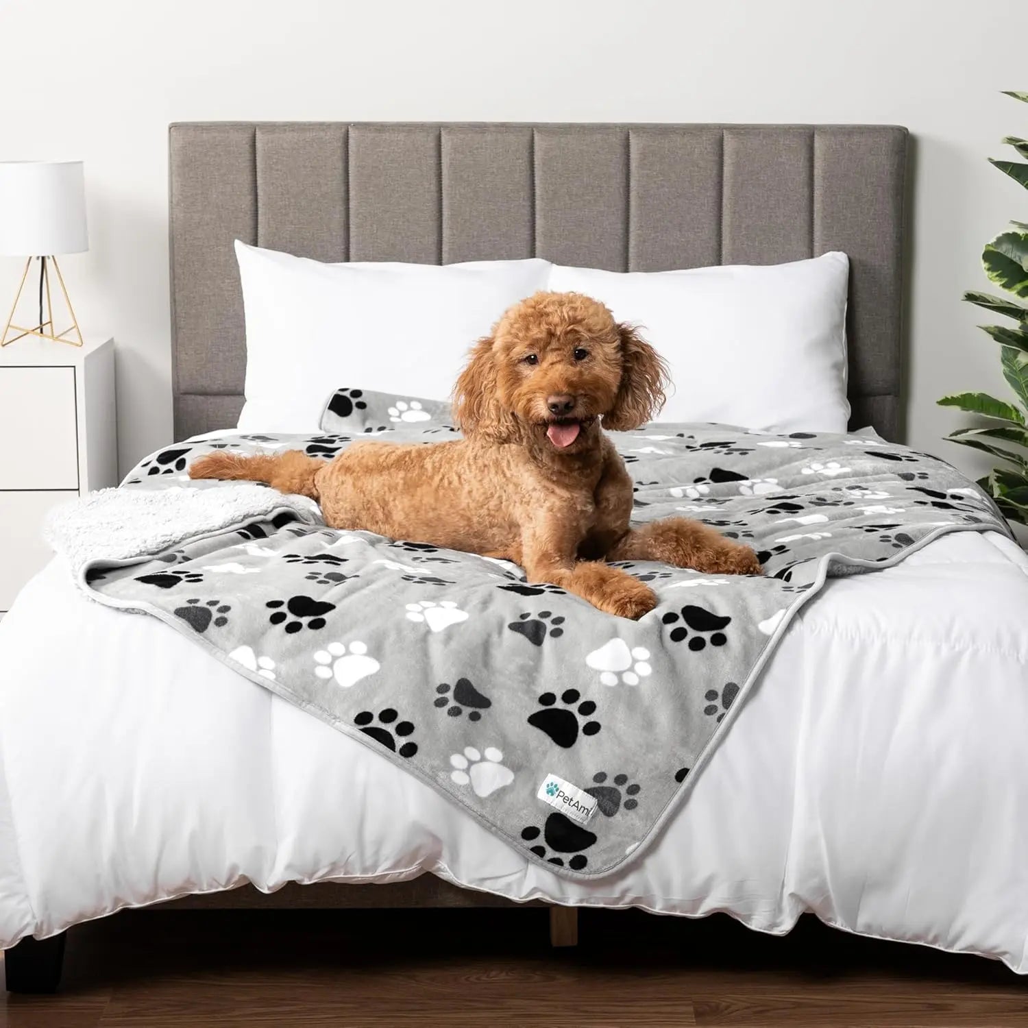 Waterproof Dog Blanket – Reversible Fleece, Washable Couch Protector Paw Gray Queen (90X90)