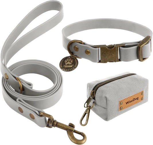 Waterproof Dog Collar & 4FT Leash Set Adjustable XS–XL with Poop Bag Grey
