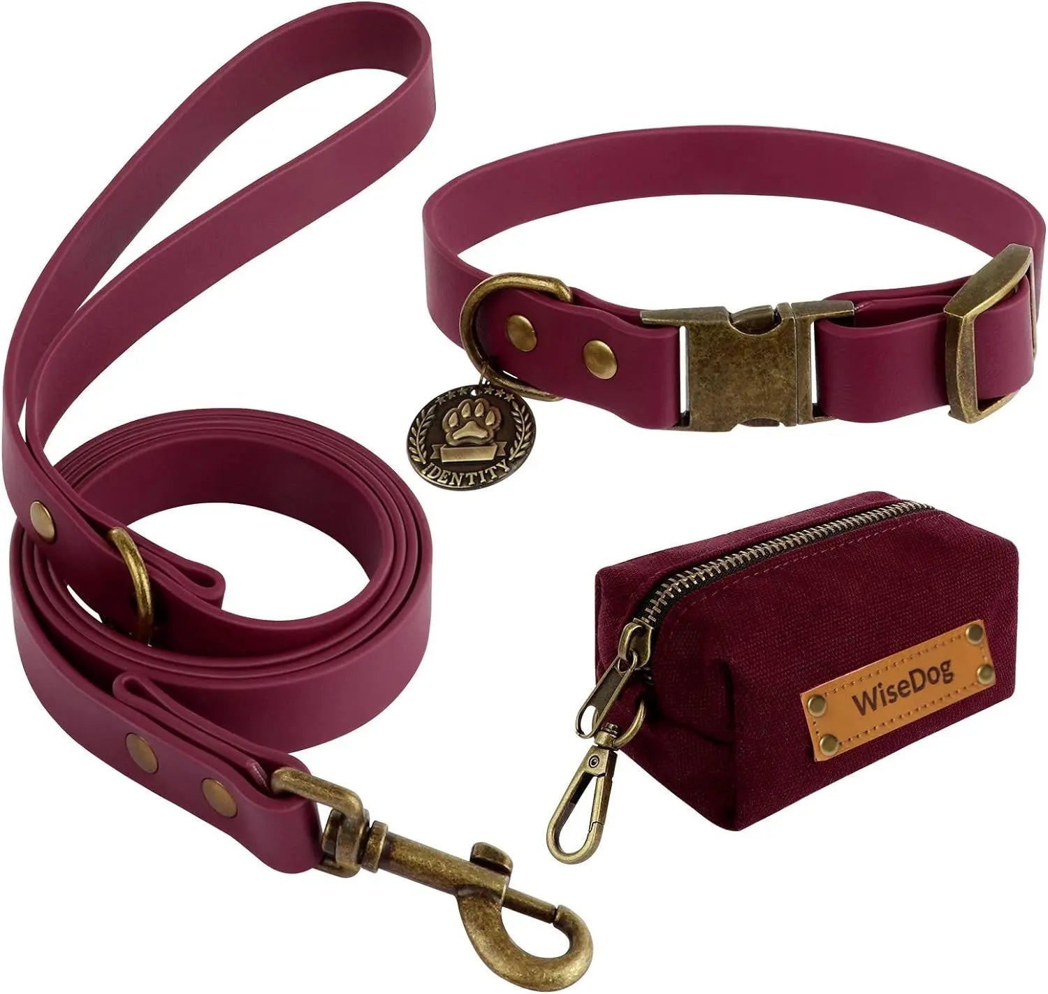 Waterproof Dog Collar & 4FT Leash Set Adjustable XS–XL with Poop Bag Burgundy Xl(Collar:16"- 25.5";Leash:6 Ft)
