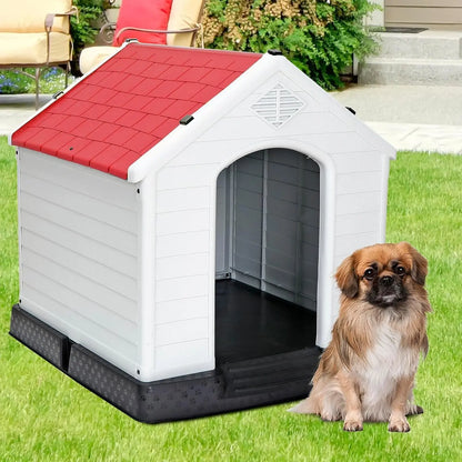 Waterproof Plastic Large Dog House –Outdoor & Indoor Kennel w/ Vents,Raised Floor Red 28" H*26" W*26" D