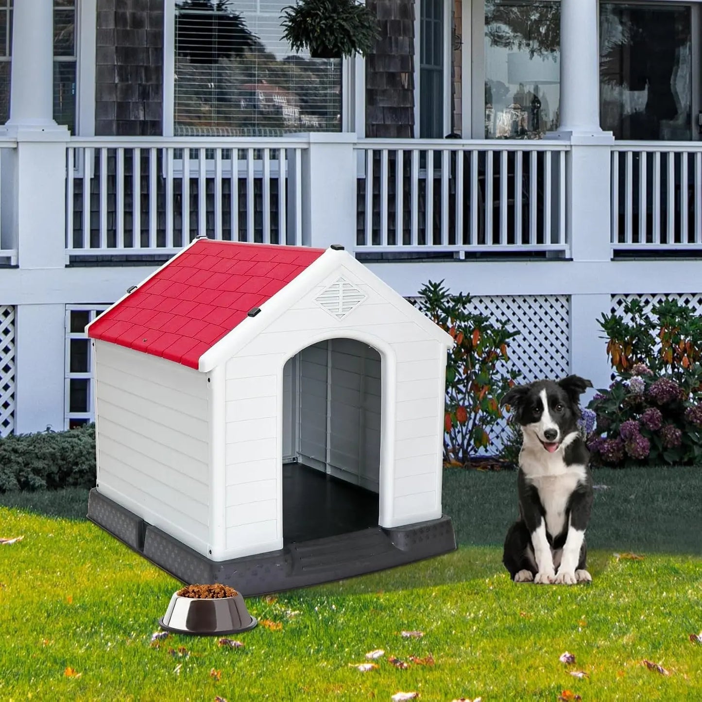 Waterproof Plastic Large Dog House –Outdoor & Indoor Kennel w/ Vents,Raised Floor