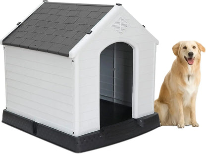 Waterproof Plastic Large Dog House –Outdoor & Indoor Kennel w/ Vents,Raised Floor Grey 32" H*34" W*30.7" D