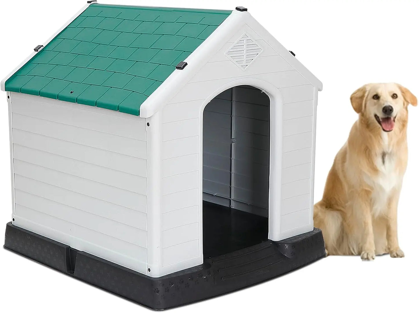 Waterproof Plastic Large Dog House –Outdoor & Indoor Kennel w/ Vents,Raised Floor Green 28" H*26" W*26" D