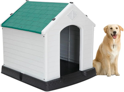 Waterproof Plastic Large Dog House –Outdoor & Indoor Kennel w/ Vents,Raised Floor Green 28" H*26" W*26" D
