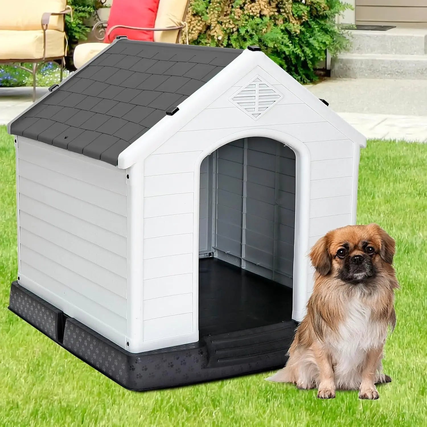Waterproof Plastic Large Dog House –Outdoor & Indoor Kennel w/ Vents,Raised Floor Grey 28" H*26" W*26" D