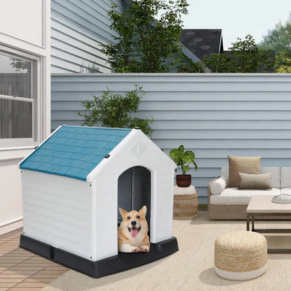 Waterproof Plastic Large Dog House –Outdoor & Indoor Kennel w/ Vents,Raised Floor Blue 32" H*34" W*30.7" D