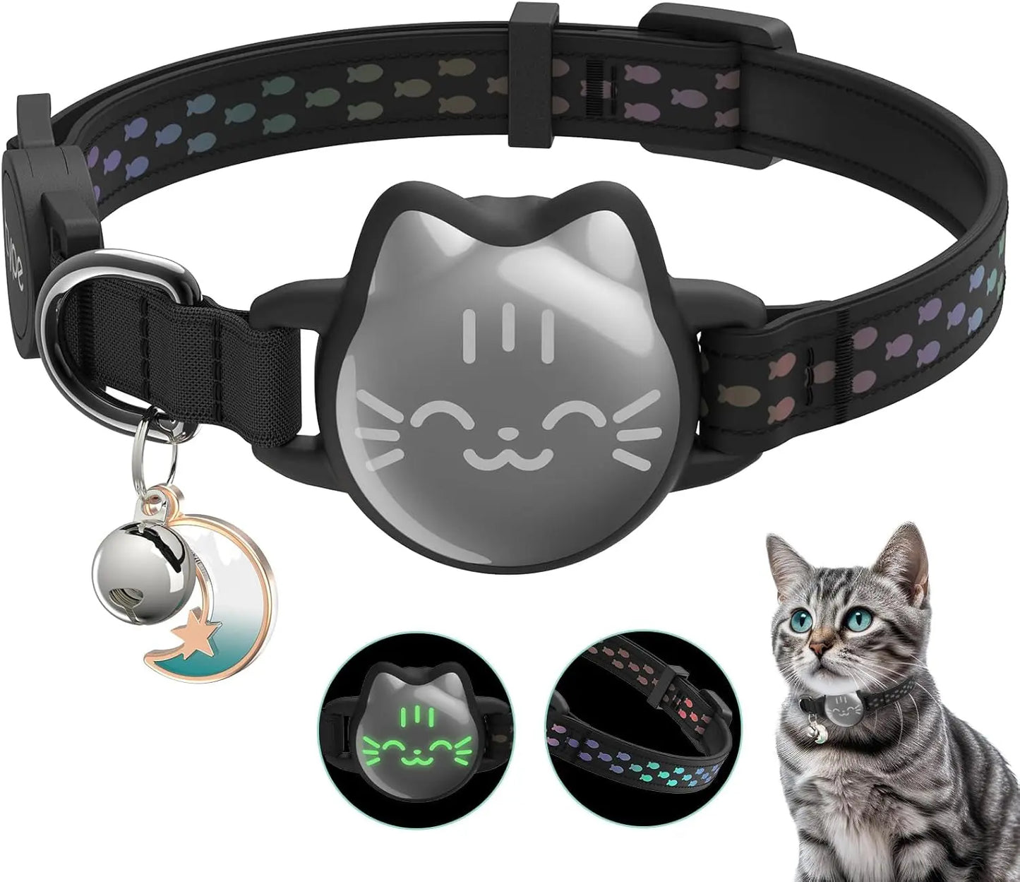 Waterproof Reflective AirTag Cat Collar, Breakaway Safety GPS Holder for Cats Classic Black Small(9-13Inch)