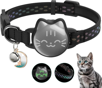 Waterproof Reflective AirTag Cat Collar, Breakaway Safety GPS Holder for Cats Classic Black Small(9-13Inch)