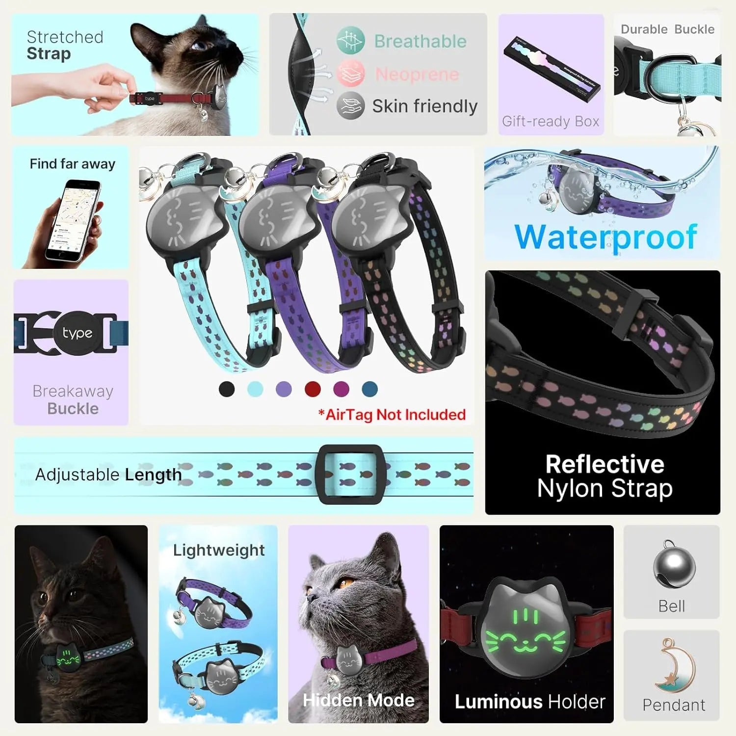 Waterproof Reflective AirTag Cat Collar, Breakaway Safety GPS Holder for Cats
