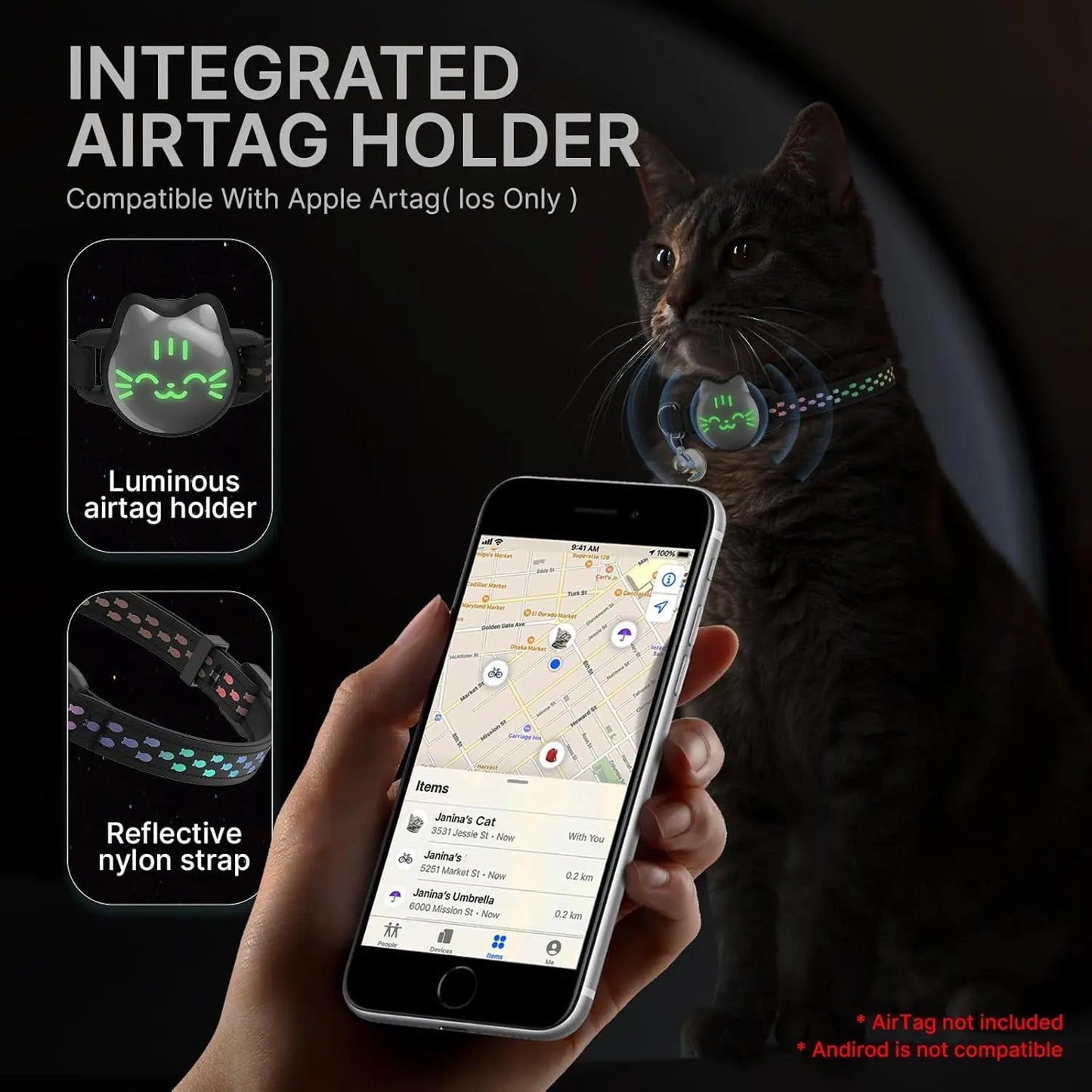 Waterproof Reflective AirTag Cat Collar, Breakaway Safety GPS Holder for Cats