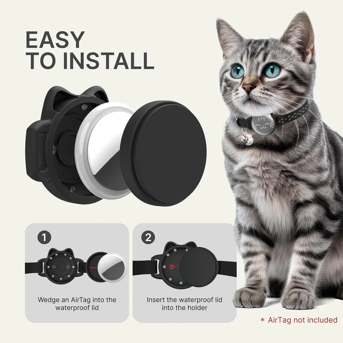 Waterproof Reflective AirTag Cat Collar, Breakaway Safety GPS Holder for Cats
