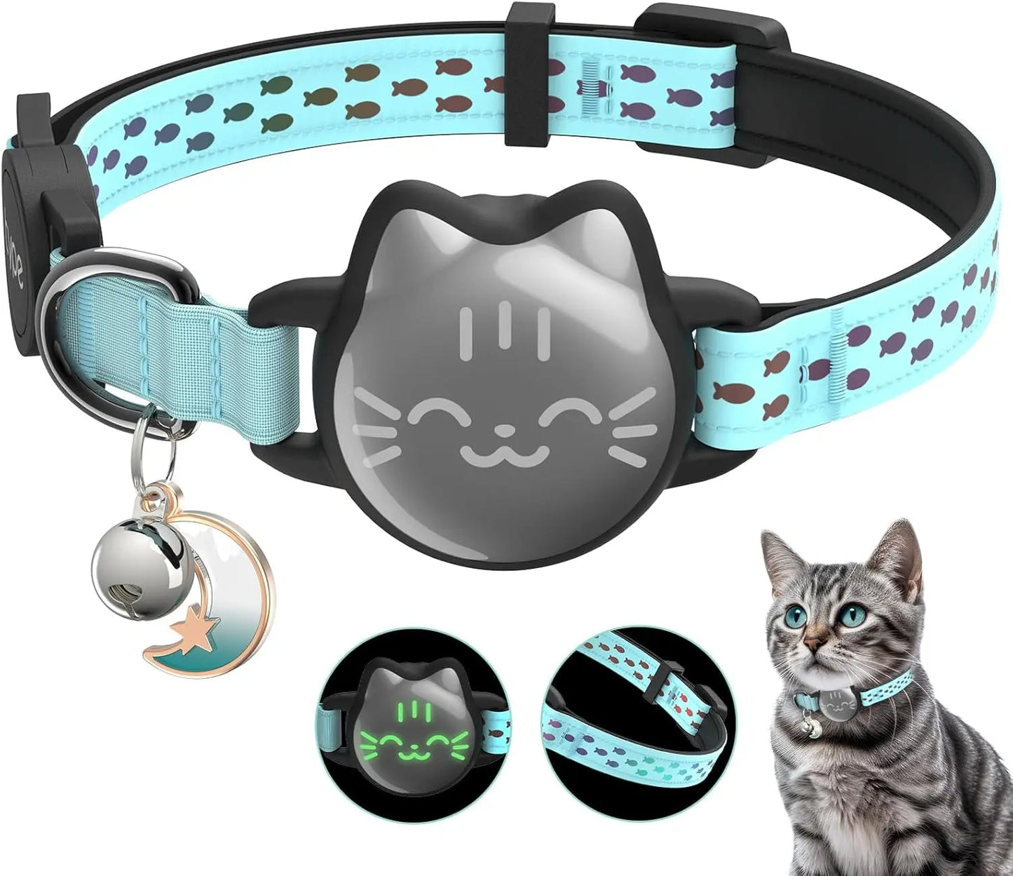 Waterproof Reflective AirTag Cat Collar, Breakaway Safety GPS Holder for Cats Mint Green Small(9-13Inch)