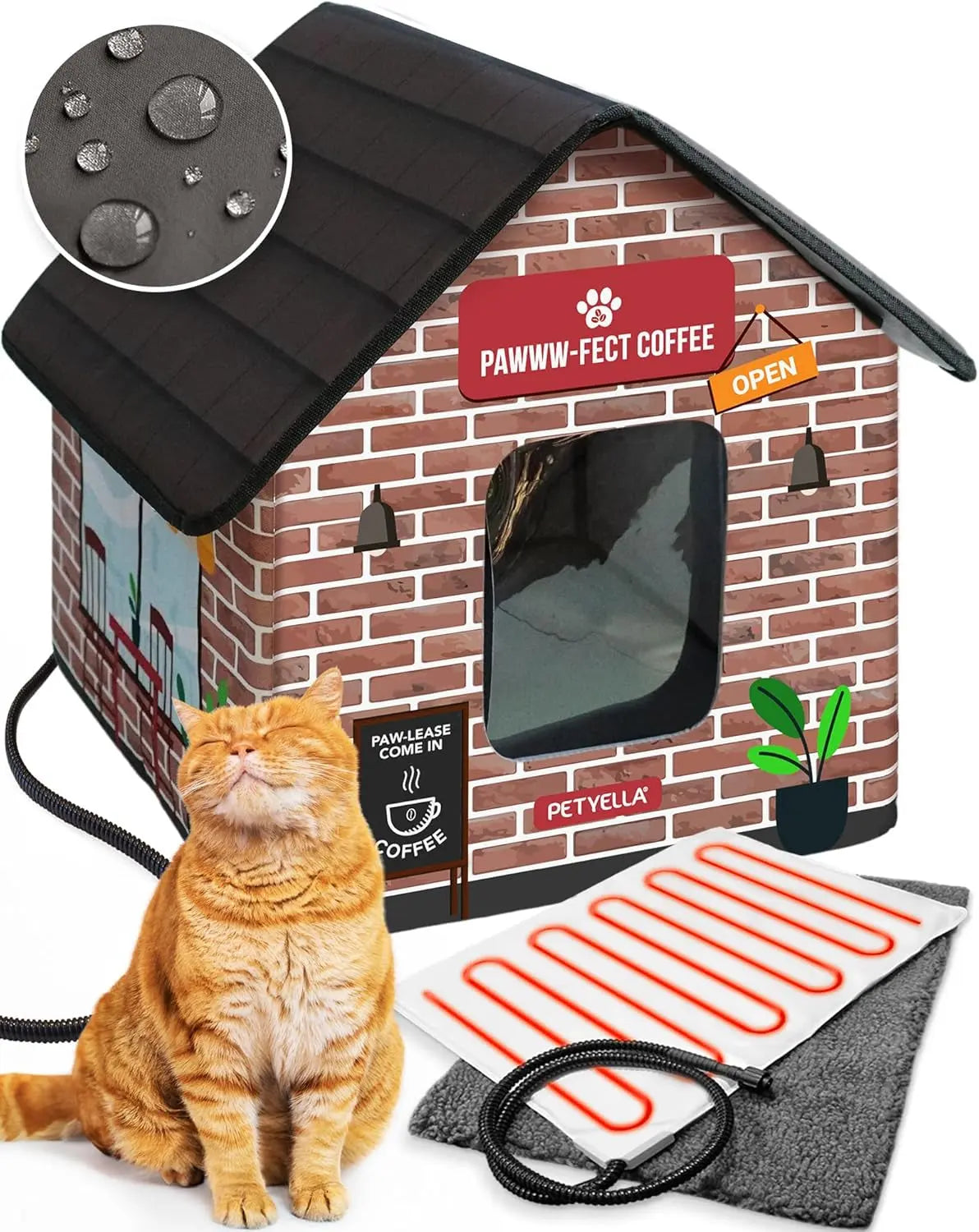 Weatherproof Heated Cat House - Outdoor Shelter for Winter & Cold Weather Small Coffee