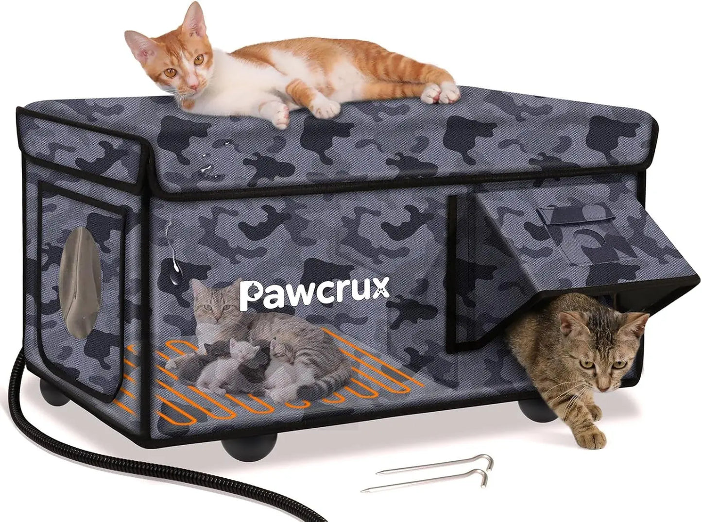 Weatherproof Heated Outdoor Cat House with Heating Pad & Escape Door Camo Black 16.5"X26.3"X14.2"