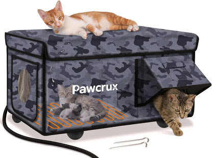 Weatherproof Heated Outdoor Cat House with Heating Pad & Escape Door Camo Black 16.5"X26.3"X14.2"
