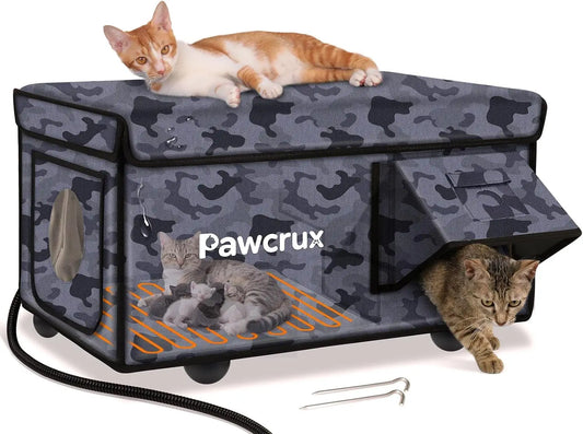Weatherproof Heated Outdoor Cat House with Heating Pad & Escape Door Camo Black 16.5"X26.3"X14.2"