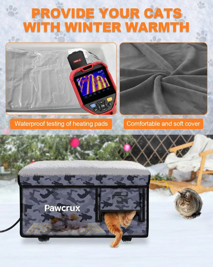 Weatherproof Heated Outdoor Cat House with Heating Pad & Escape Door