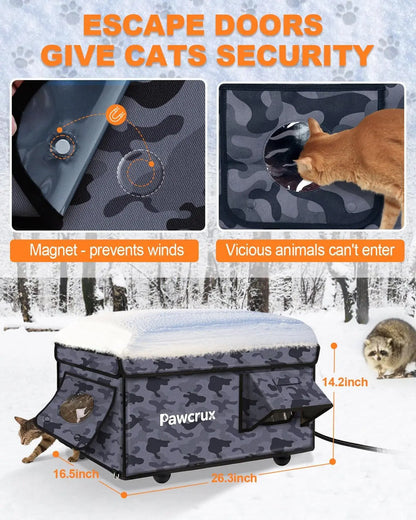 Weatherproof Heated Outdoor Cat House with Heating Pad & Escape Door