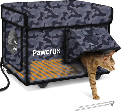 Weatherproof Heated Outdoor Cat House with Heating Pad & Escape Door Camo Black 13"X16"X14"