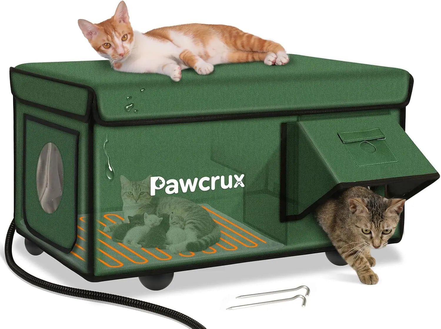 Weatherproof Heated Outdoor Cat House with Heating Pad & Escape Door Green 16.5"X26.3"X14.2"