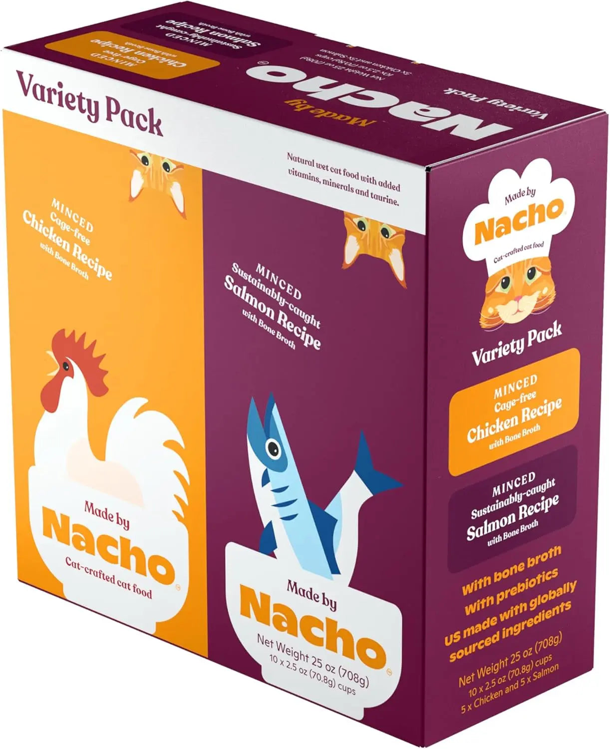 Wet Cat Food Beef Bone Broth High Protein Prebiotic Digestive Health 10Pk Variety Pack (Chicken Salmon)