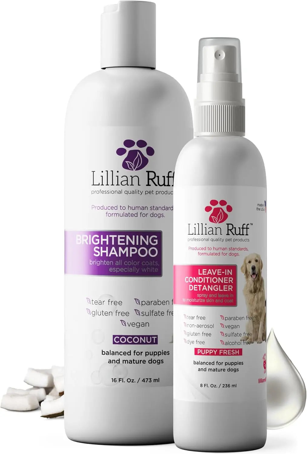 Whitening Dog Shampoo & Leave-In Conditioner Detangler Odor Control Set 24 Fl Oz Brightening Detangler Set