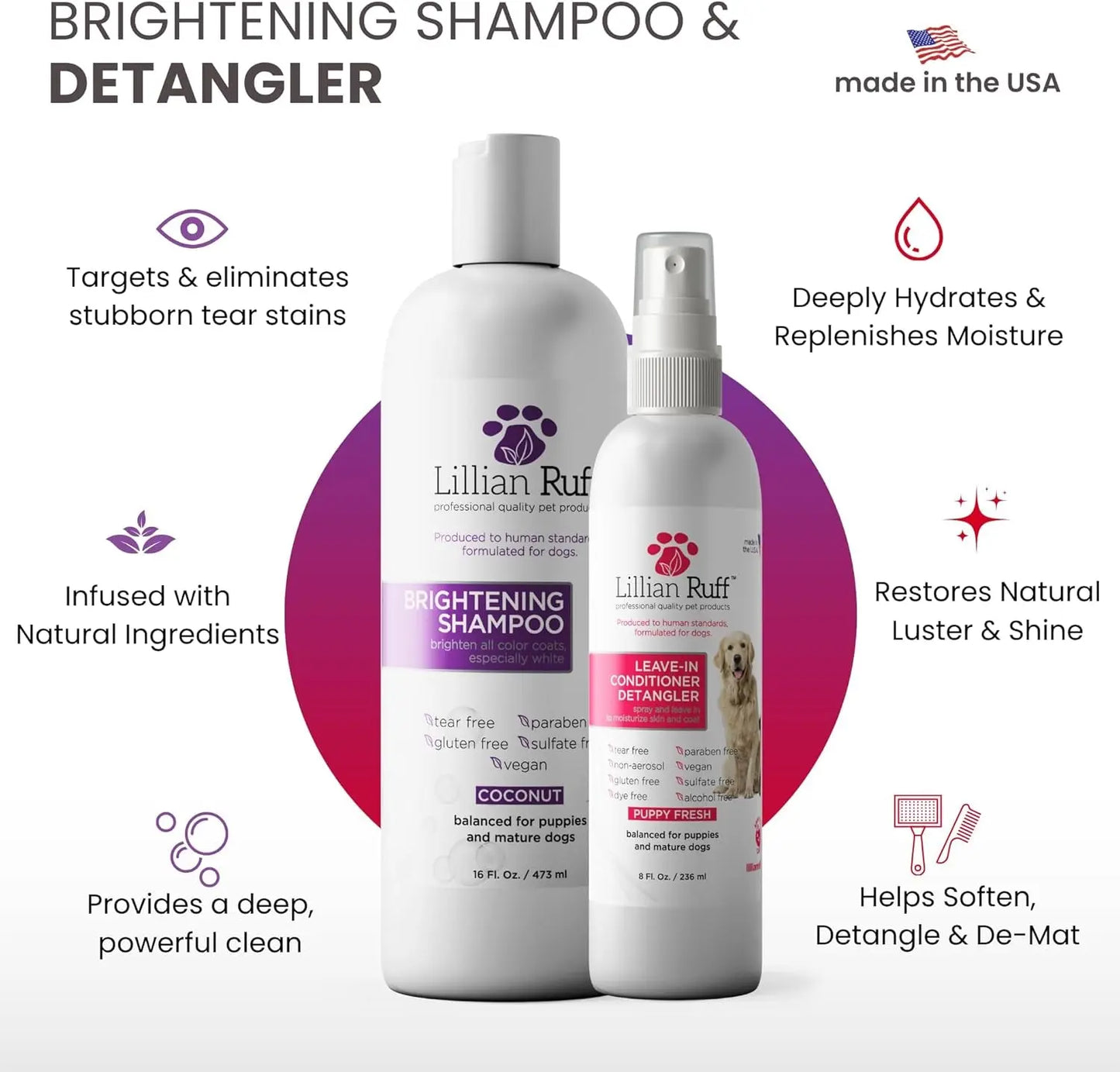 Whitening Dog Shampoo & Leave-In Conditioner Detangler Odor Control Set