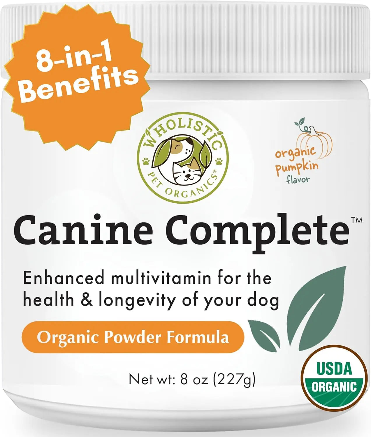 Wholistic Pet Organics Canine Complete 1lb Dog Multivitamin Powder 45 Scoops Organic Pumpkin 8 Oz