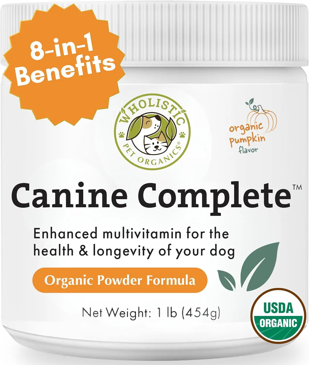 Wholistic Pet Organics Canine Complete 1lb Dog Multivitamin Powder 45 Scoops Organic Pumpkin 1 Lb