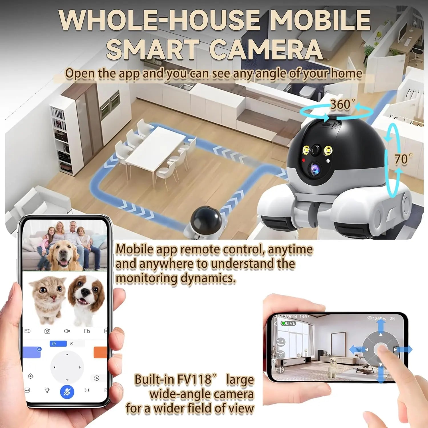 WiFi Robot 1080P Pet Camera with App for Dogs & Cats. 2-Way Talk, Night Vision & Motion Detection