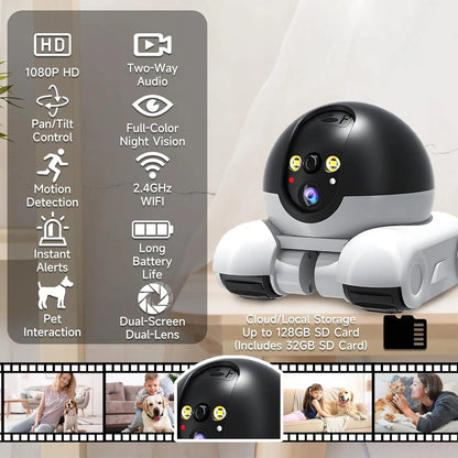 WiFi Robot 1080P Pet Camera with App for Dogs & Cats. 2-Way Talk, Night Vision & Motion Detection