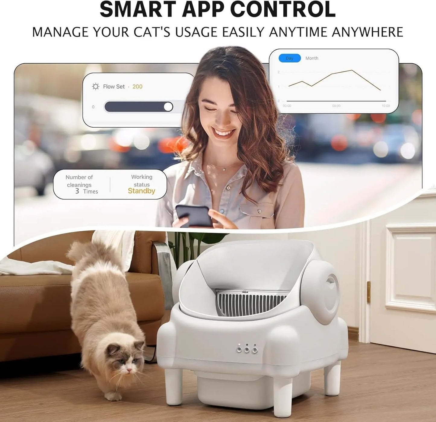 Self-Cleaning WiFi Litter Box – Open Top, Smart App Control & Odor-Free Design