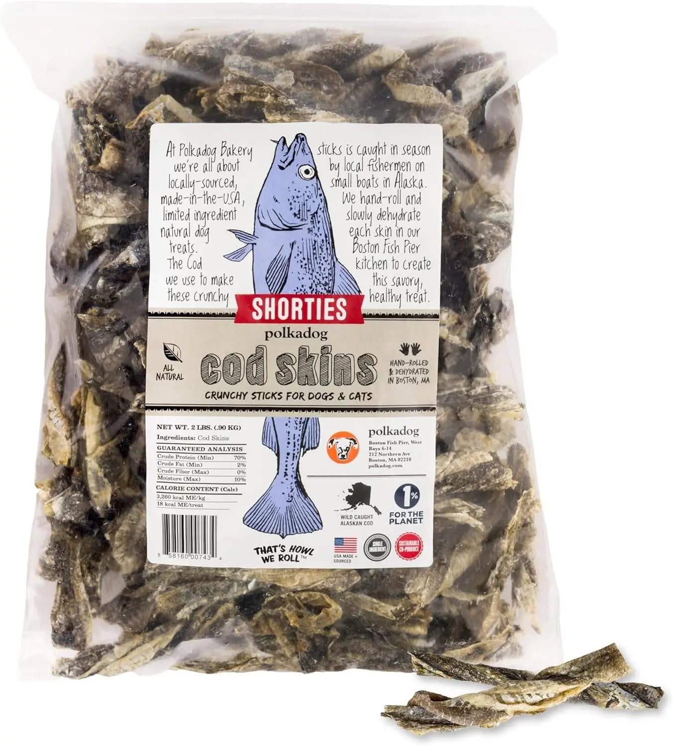 Wild Caught Cod Skins Dog Treats 4.7oz Single Ingredient USA Made