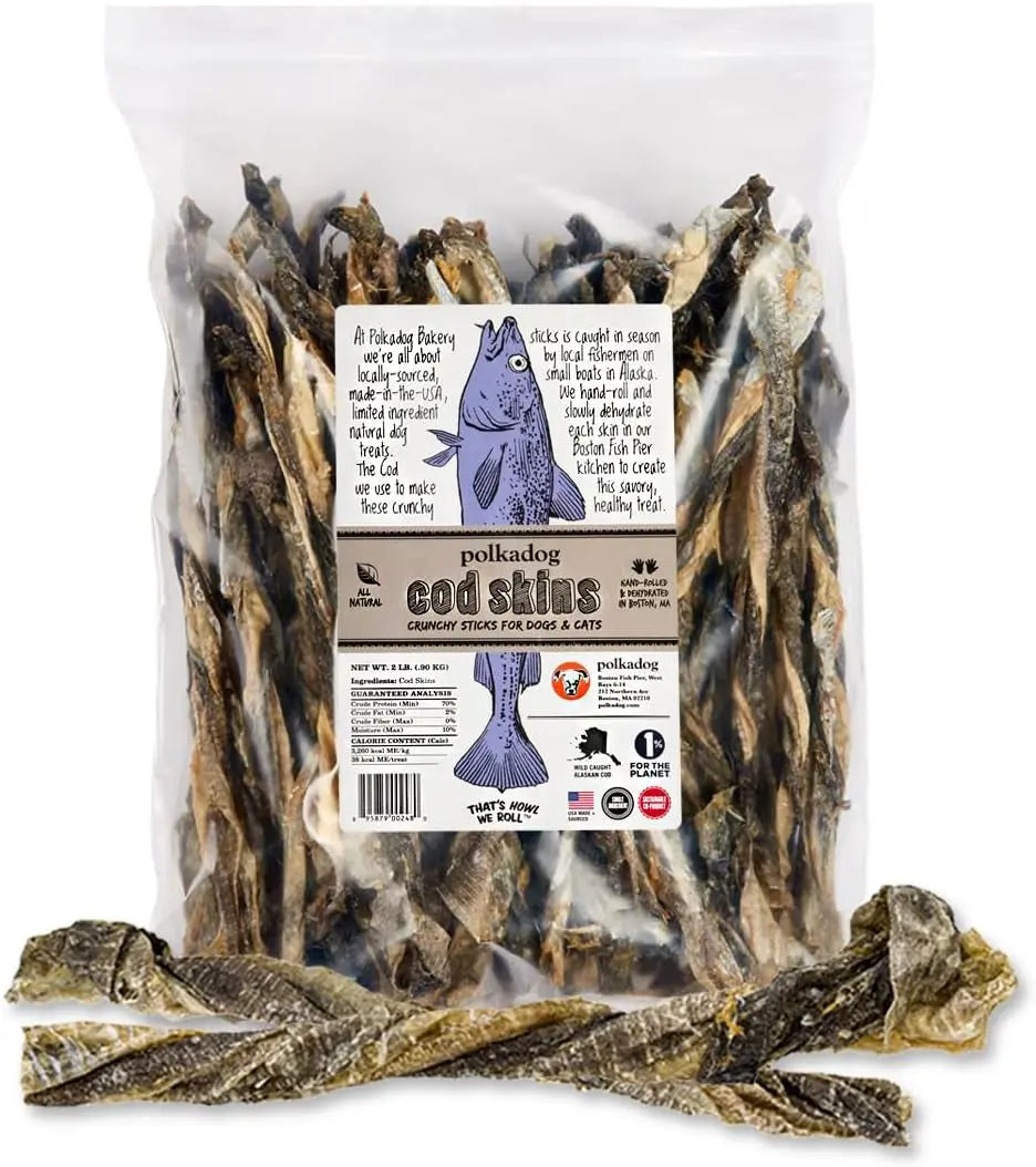 Wild Caught Cod Skins Dog Treats 4.7oz Single Ingredient USA Made