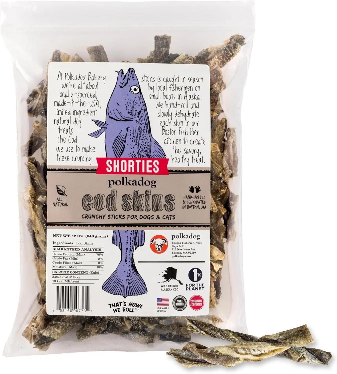 Wild Caught Cod Skins Dog Treats 4.7oz Single Ingredient USA Made