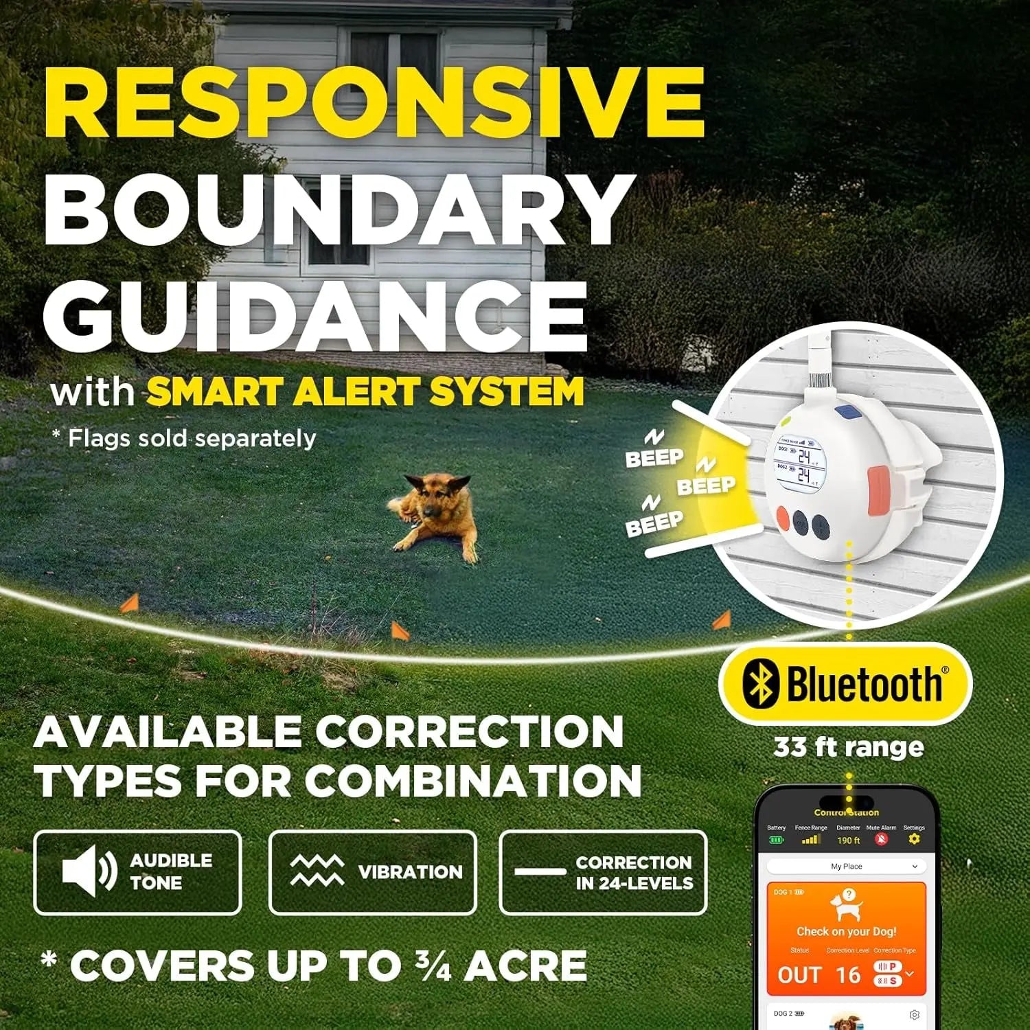 Wireless Dog Fence System No Dig Waterproof Rechargeable 3/4 Acre App