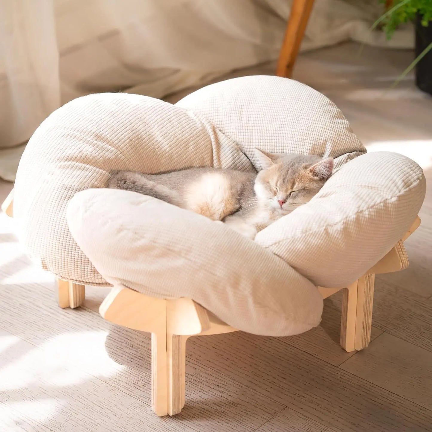 Wooden Cat & Puppies Elevated Pet Bed with Cushion – Modern Raised Pet Sofa White