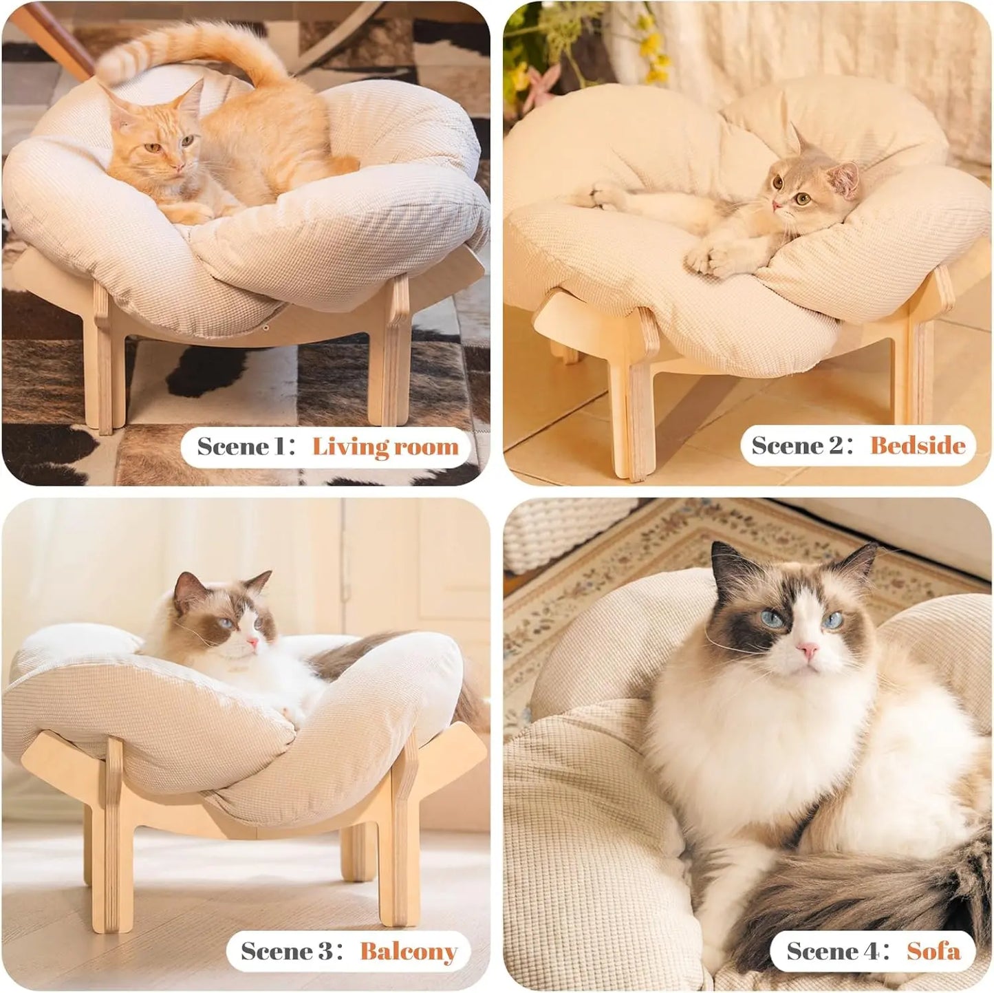 Wooden Cat & Puppies Elevated Pet Bed with Cushion – Modern Raised Pet Sofa