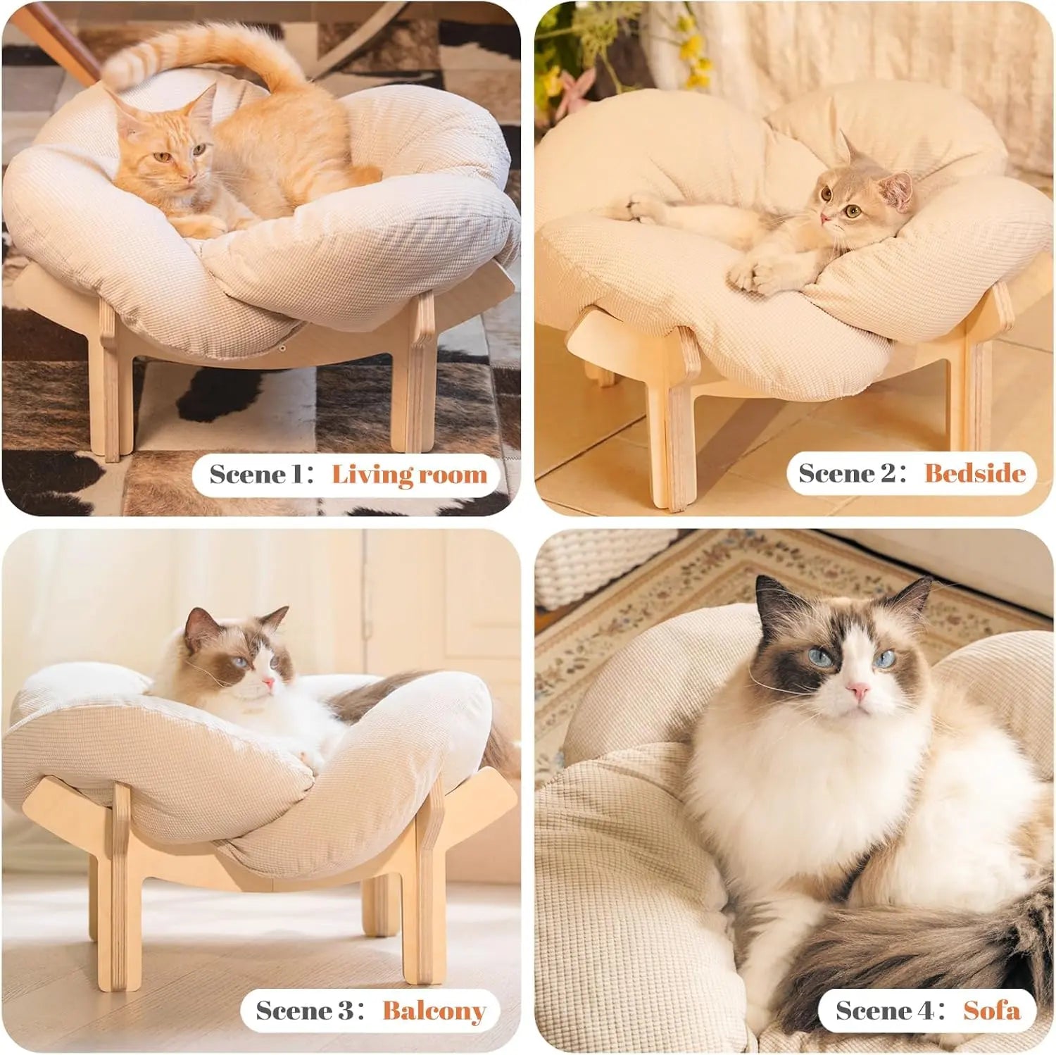 Wooden Cat & Puppies Elevated Pet Bed with Cushion – Modern Raised Pet Sofa