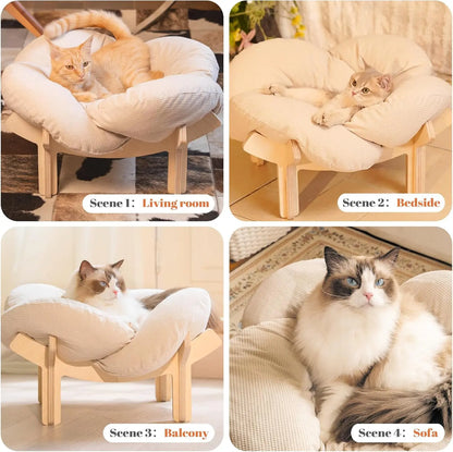 Wooden Cat & Puppies Elevated Pet Bed with Cushion – Modern Raised Pet Sofa