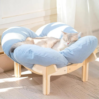 Wooden Cat & Puppies Elevated Pet Bed with Cushion – Modern Raised Pet Sofa Light Blue