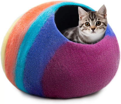 Wool Felt Cat Cave Bed Handmade Merino Wool Covered Cat House – Rainbow Default Title