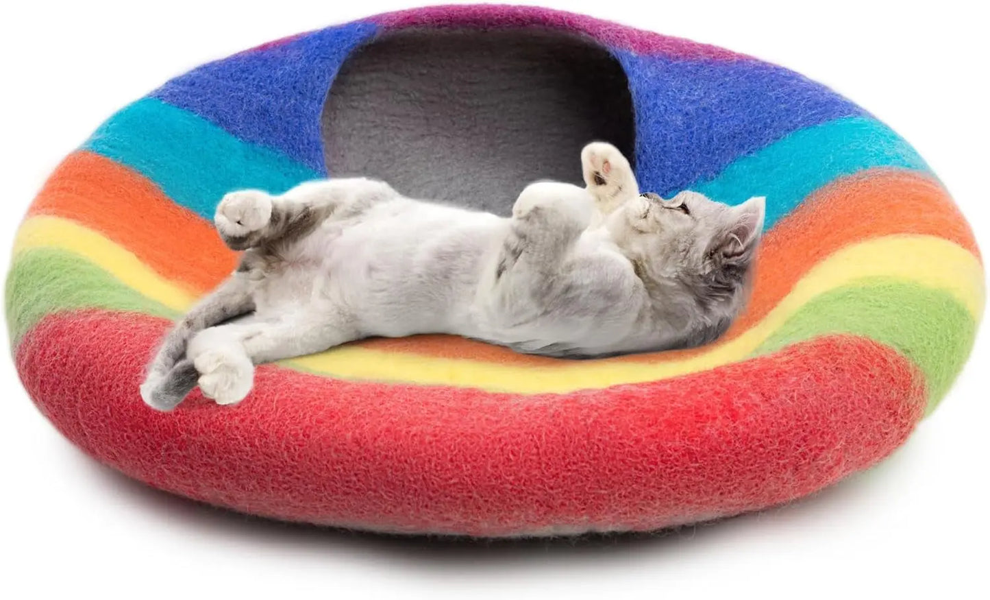 Wool Felt Cat Cave Bed Handmade Merino Wool Covered Cat House – Rainbow