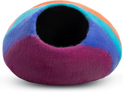 Wool Felt Cat Cave Bed Handmade Merino Wool Covered Cat House – Rainbow