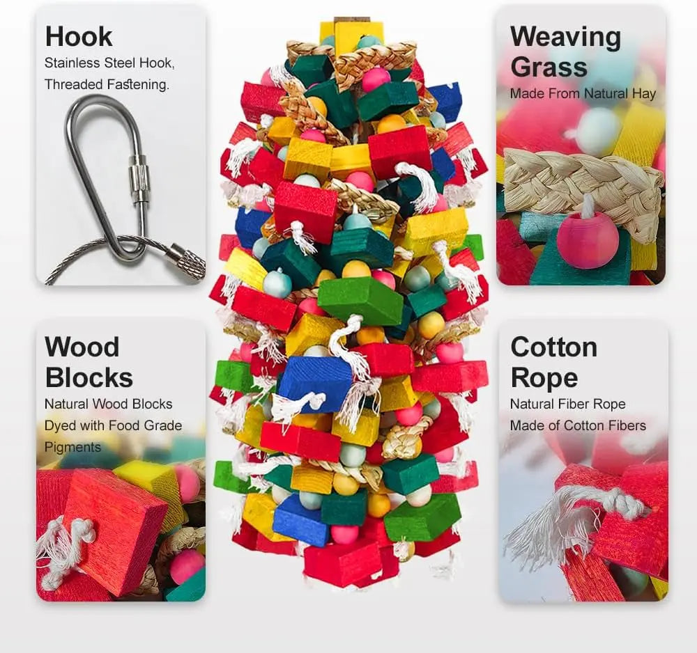 XL Parrot Toy – Natural Wood & Cotton Chew Toy for Macaws, Cockatoos & Amazons