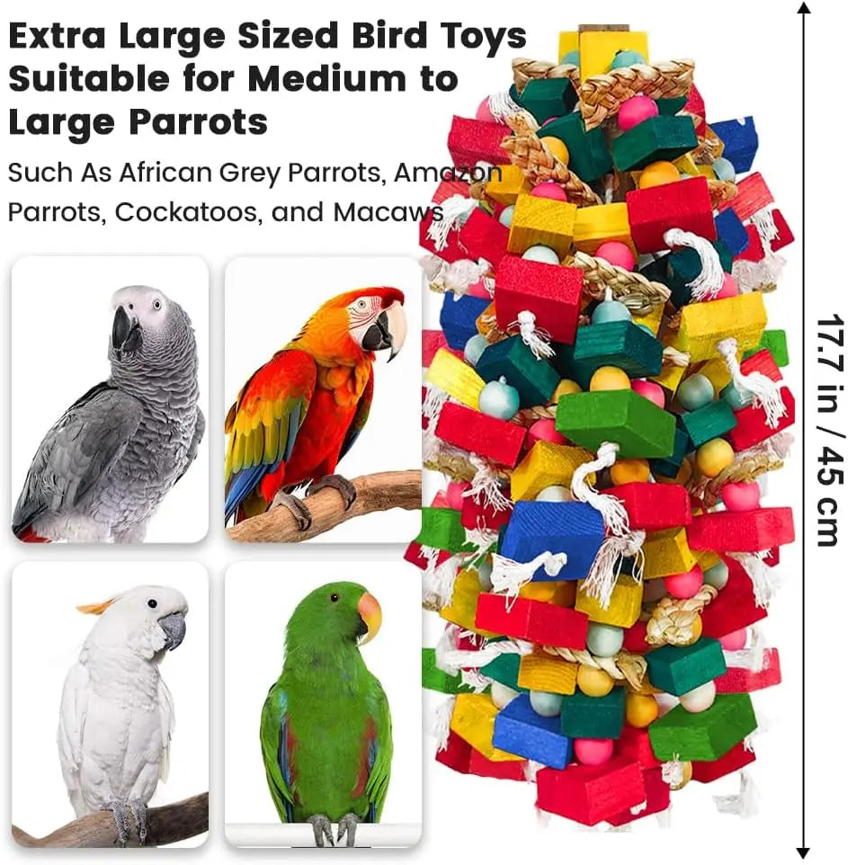 XL Parrot Toy – Natural Wood & Cotton Chew Toy for Macaws, Cockatoos & Amazons