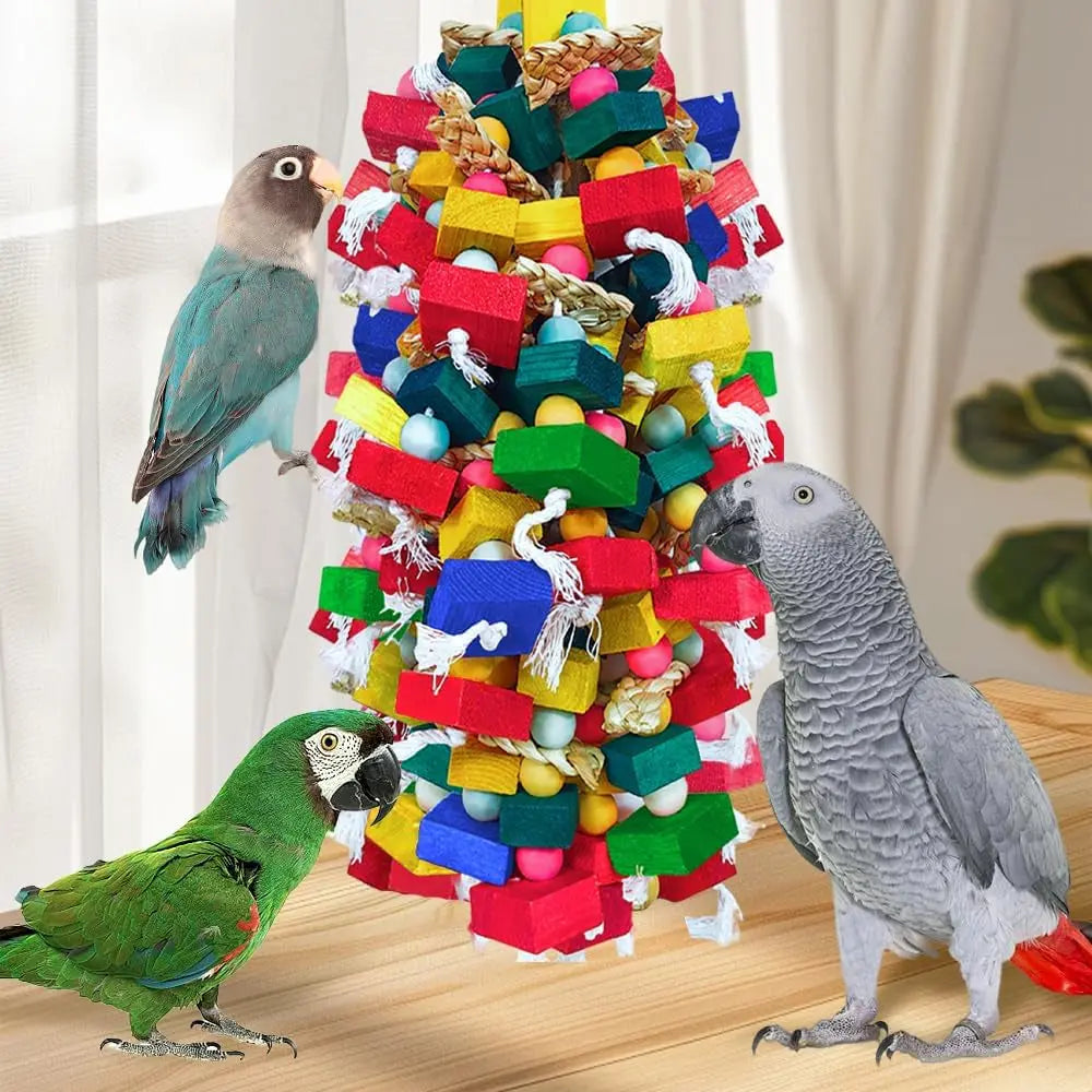 XL Parrot Toy – Natural Wood & Cotton Chew Toy for Macaws, Cockatoos & Amazons