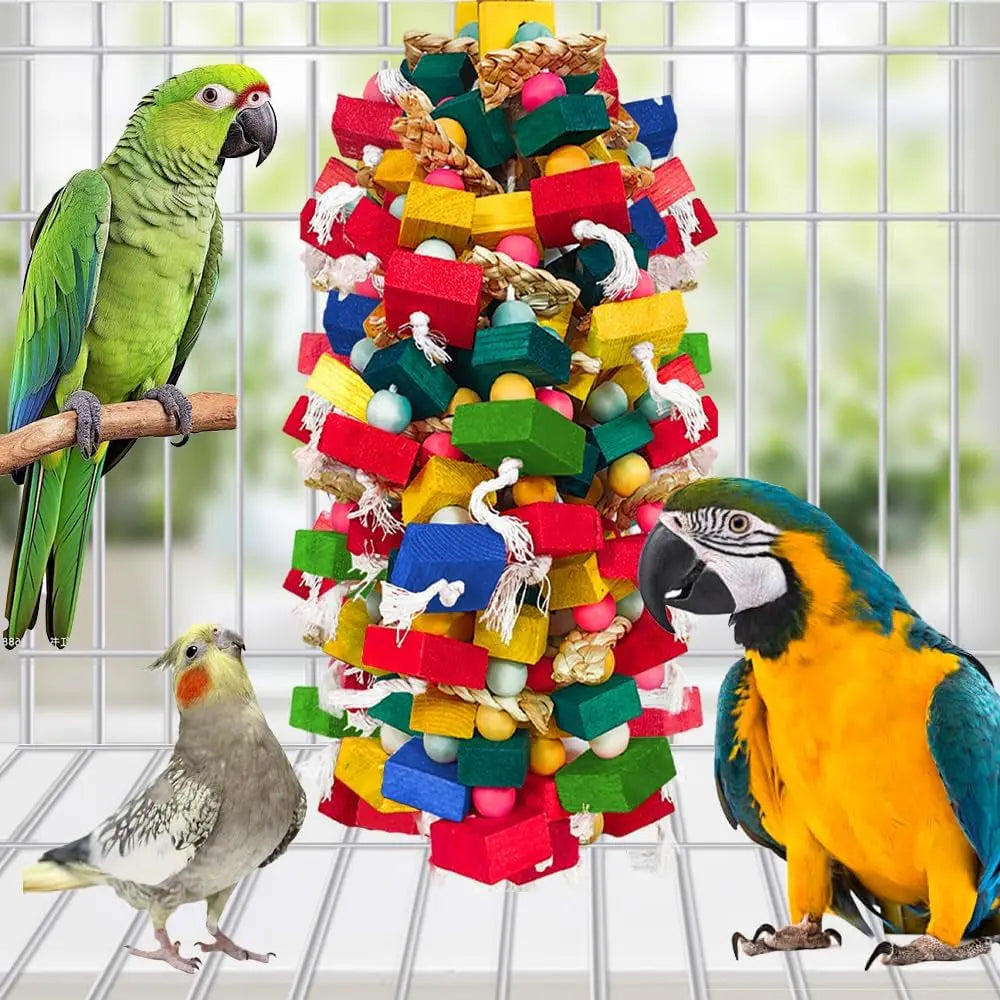 XL Parrot Toy – Natural Wood & Cotton Chew Toy for Macaws, Cockatoos & Amazons